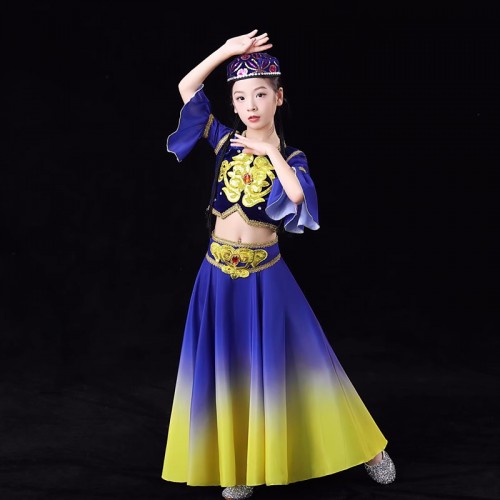Children Girls Chinese folk Xinjiang dance Dresses Blue orange Ethnic minority Uyghur Kazakh dance costumes for girls kids Uyghur Kazakh performance wear for Girls